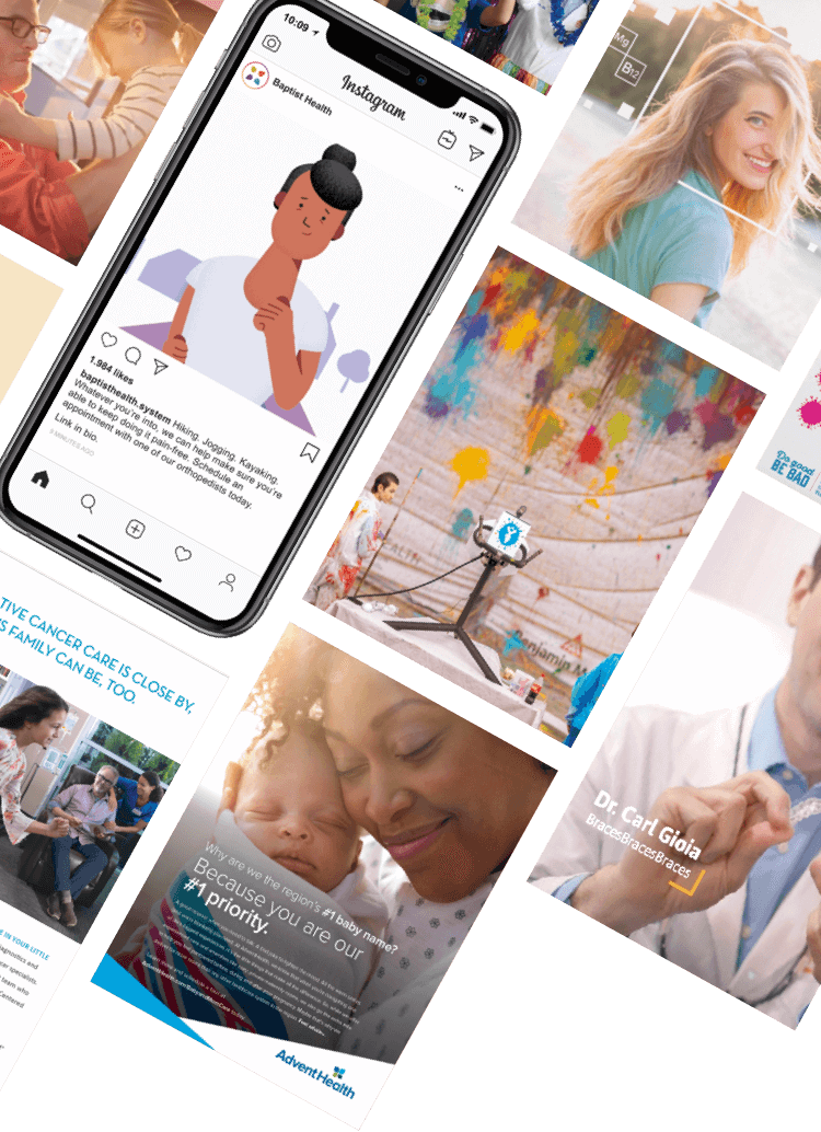 Multiple images in a diagonal collage of work examples