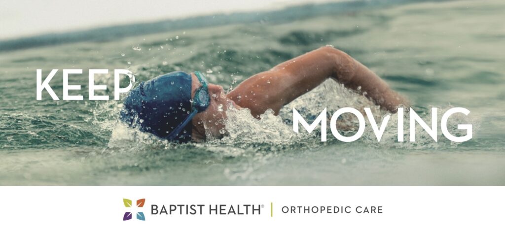 Woman swimming in a pool with text that says, Keep moving