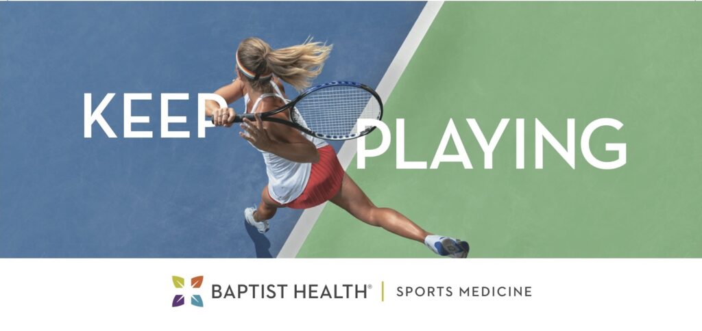 Woman playing tennis with text that says, Keep Playing