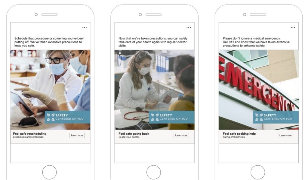 3 iPhones with different images of nurses helping patients